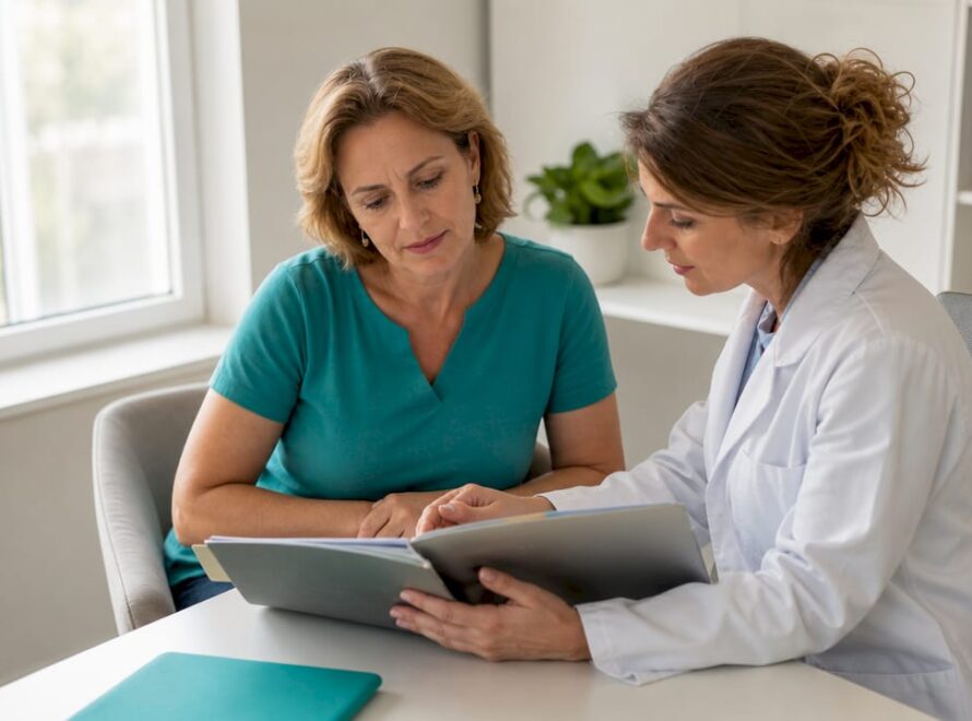 O femeie poartă o discuție cu medicul ei despre opțiunile de screening și monitorizare în perioada menopauzei.