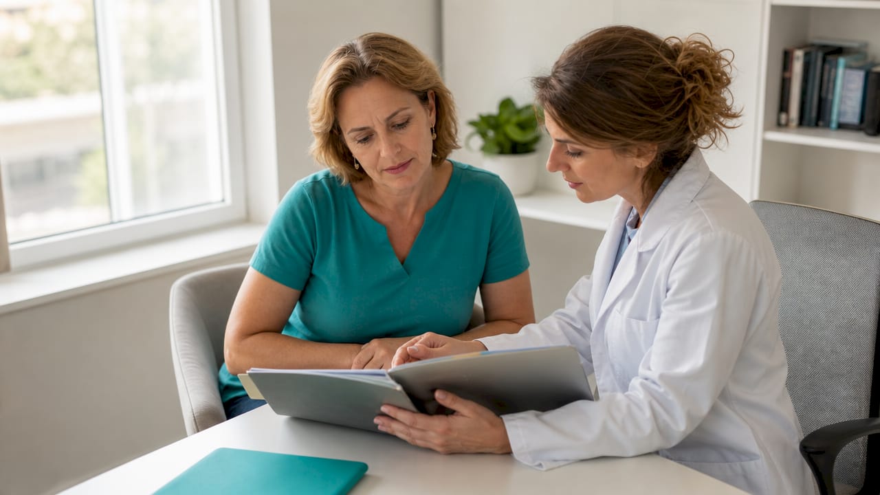 O femeie poartă o discuție cu medicul ei despre opțiunile de screening și monitorizare în perioada menopauzei.