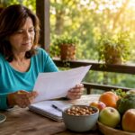 O femeie analizează un plan alimentar, punând accent pe alimente sănătoase.