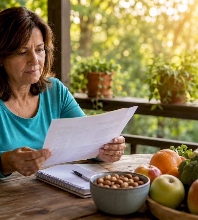 O femeie analizează un plan alimentar, punând accent pe alimente sănătoase.
