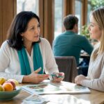 Nutriționistul îi explică pacientului cum poate avea grijă de sănătatea sistemului digestiv