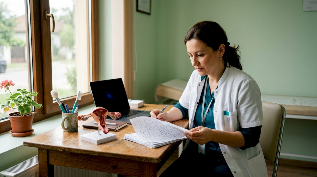 Medicul analizează rezultatele testului de screening pentru colul uterin