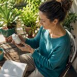O femeie răsfoiește cu atenție eticheta unei sticle de vitamina D, într-un living plin de lumină naturală.