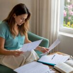 O femeie își pune la punct lista de verificare pentru sănătatea hormonală, așezată la birou și făcând ordine în notițe.