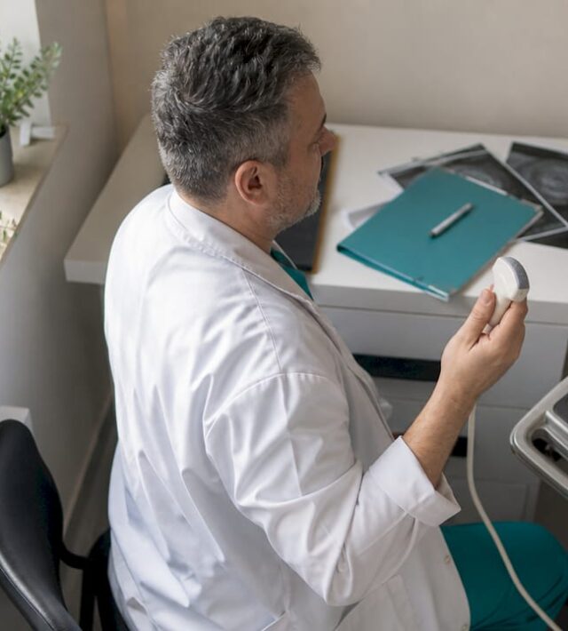 Tehnicianul medical realizează investigații cu ajutorul ecografului.