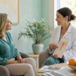 O femeie stă de vorbă cu medicul ei despre opțiunile și pașii de urmat în perioada menopauzei.