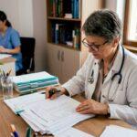 Medic endocrinolog analizând rezultatele testelor hormonale