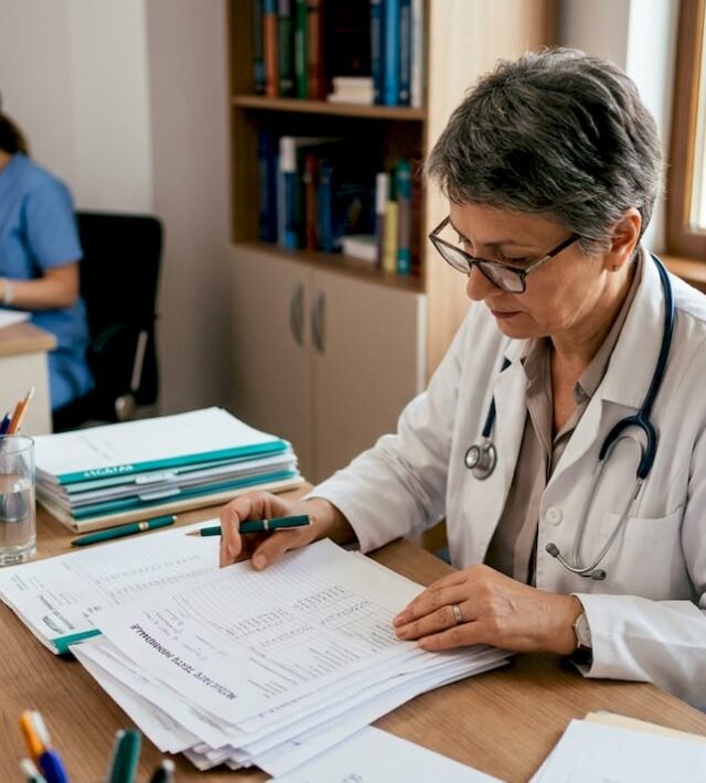 Medic endocrinolog analizând rezultatele testelor hormonale