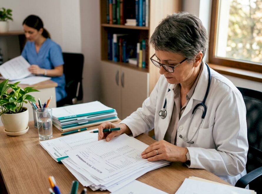 Medic endocrinolog analizând rezultatele testelor hormonale