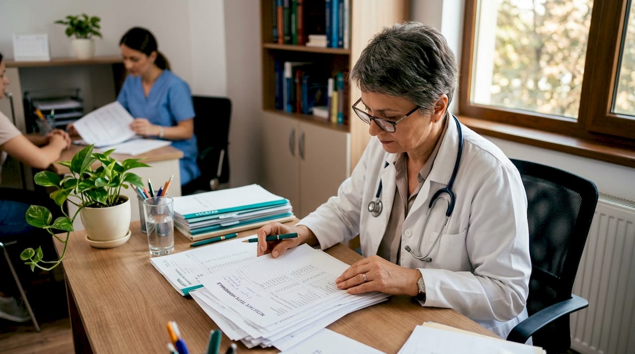 Medic endocrinolog analizând rezultatele testelor hormonale