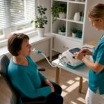 Un pacient efectuează o spirometrie în cabinetul medical.