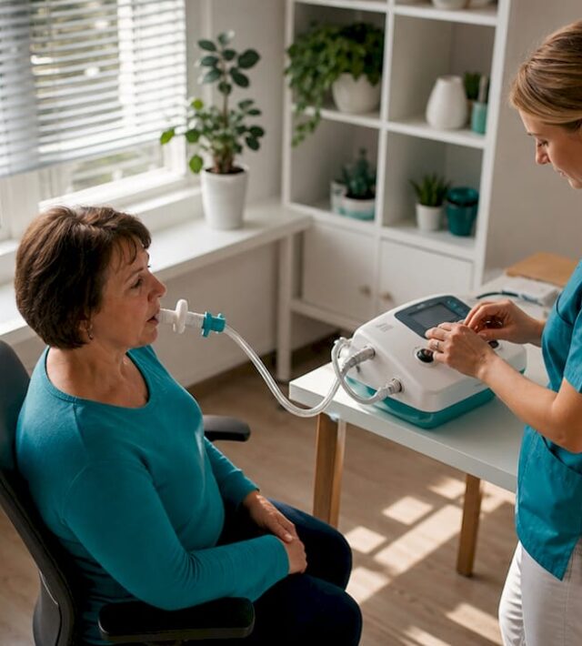 Un pacient efectuează o spirometrie în cabinetul medical.