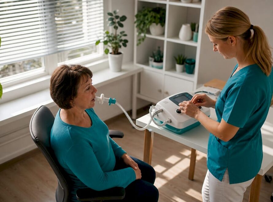 Un pacient efectuează o spirometrie în cabinetul medical.