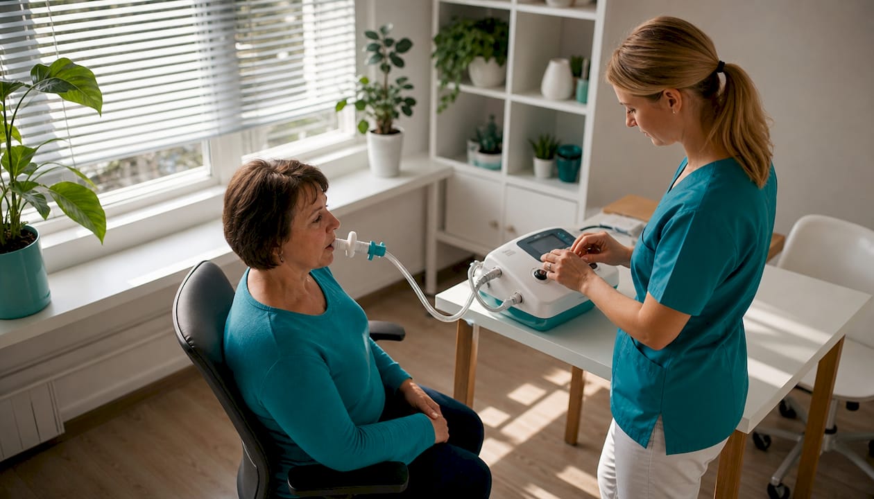 Un pacient efectuează o spirometrie în cabinetul medical.