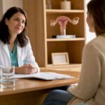 Consultație ginecologică: medicul discută cu pacienta în cabinet