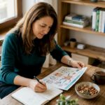 Un nutriționist analizează acasă o diagramă legată de microbiomul intestinal, încercând să descopere legătura dintre bacteriile din organism și sănătatea digestivă.