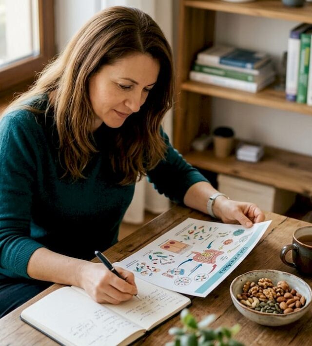 Un nutriționist analizează acasă o diagramă legată de microbiomul intestinal, încercând să descopere legătura dintre bacteriile din organism și sănătatea digestivă.