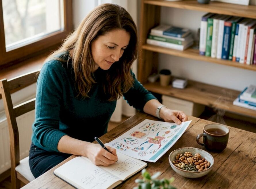 Un nutriționist analizează acasă o diagramă legată de microbiomul intestinal, încercând să descopere legătura dintre bacteriile din organism și sănătatea digestivă.