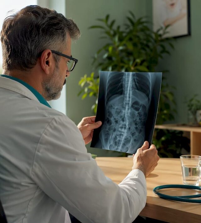 Un medic gastroenterolog examinează o radiografie a abdomenului pentru a identifica eventuale probleme digestive.