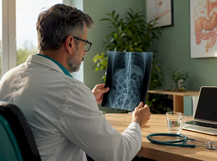 Un medic gastroenterolog examinează o radiografie a abdomenului pentru a identifica eventuale probleme digestive.
