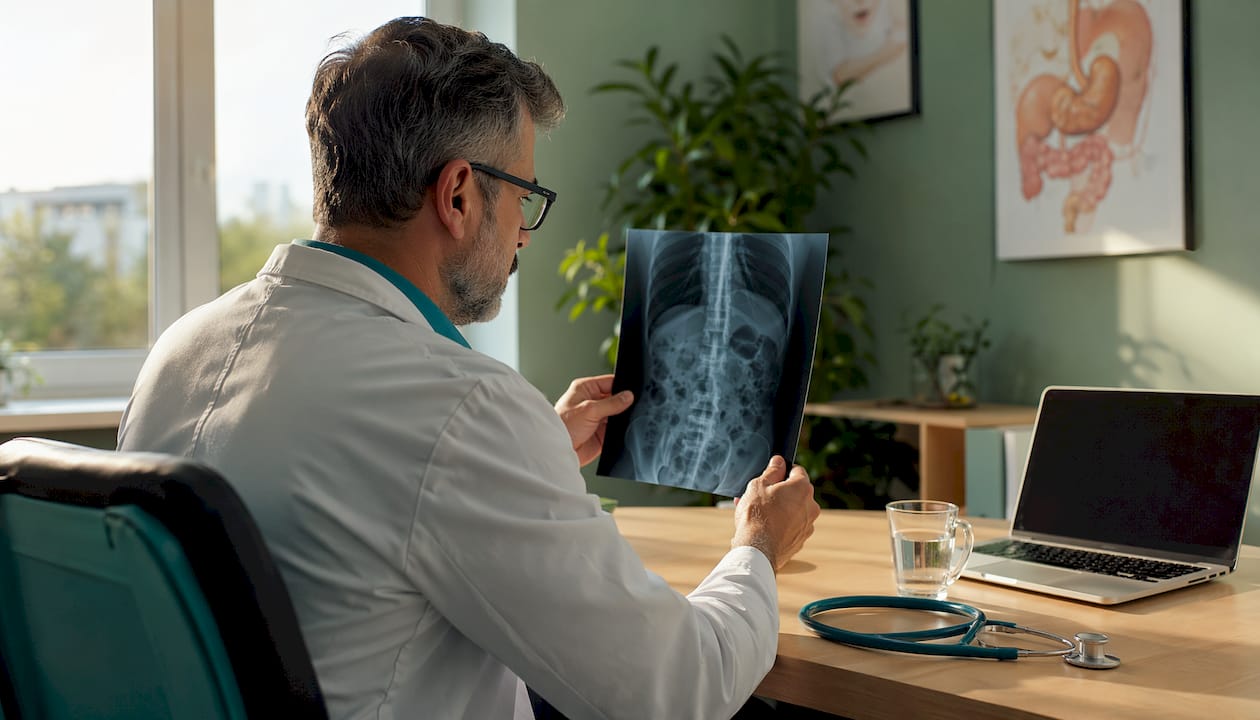 Un medic gastroenterolog examinează o radiografie a abdomenului pentru a identifica eventuale probleme digestive.