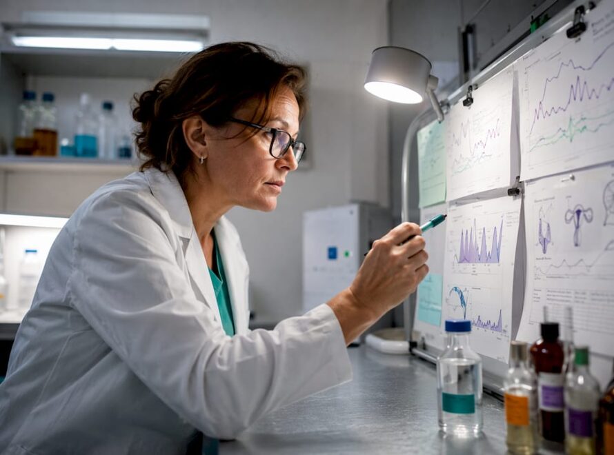 Un endocrinolog analizează cu atenție graficele hormonale la birou, concentrându-se pe interpretarea datelor pentru a înțelege mai bine starea de sănătate a pacientului.