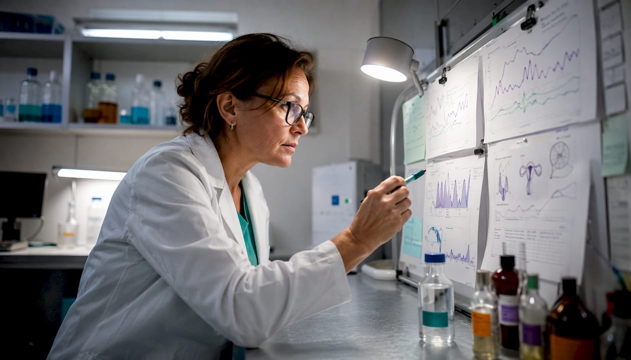 Un endocrinolog analizează cu atenție graficele hormonale la birou, concentrându-se pe interpretarea datelor pentru a înțelege mai bine starea de sănătate a pacientului.