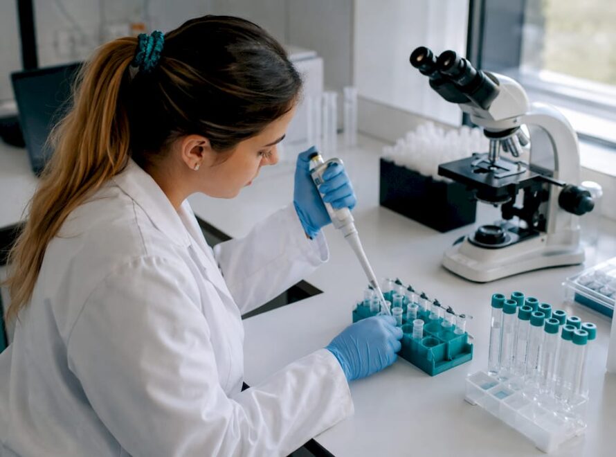 Specialist de laborator care analizează teste genetice pentru fertilitate
