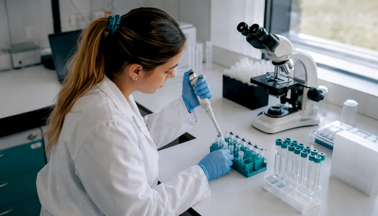 Specialist de laborator care analizează teste genetice pentru fertilitate