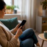 Femeie care își face programare la medic direct de pe telefonul mobil