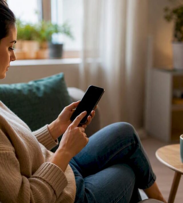 Femeie care își face programare la medic direct de pe telefonul mobil