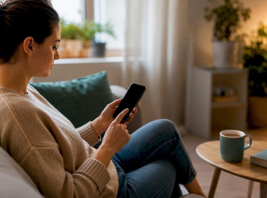 Femeie care își face programare la medic direct de pe telefonul mobil