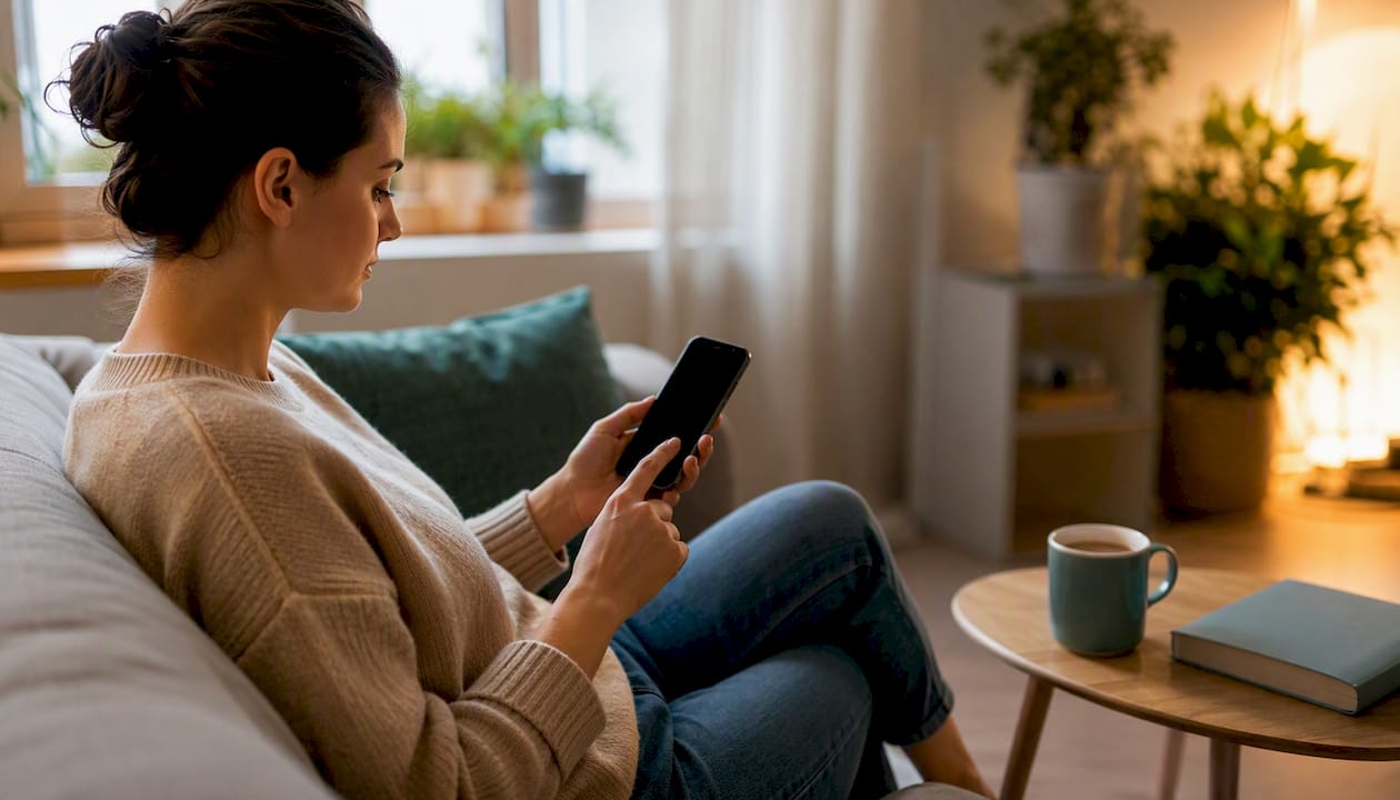 Femeie care își face programare la medic direct de pe telefonul mobil