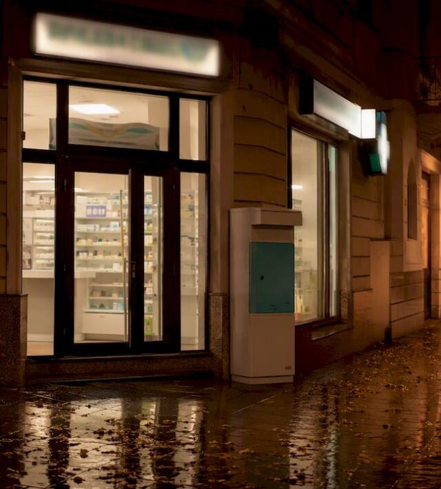 Farmacia din Bistrița, surprinsă noaptea, cu luminile aprinse la exterior