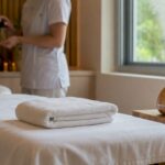 Masă de masaj amenajată într-un spațiu de clinică, cu o atmosferă liniștită și relaxantă.