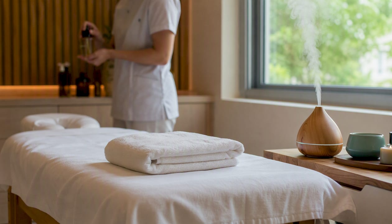 Masă de masaj amenajată într-un spațiu de clinică, cu o atmosferă liniștită și relaxantă.