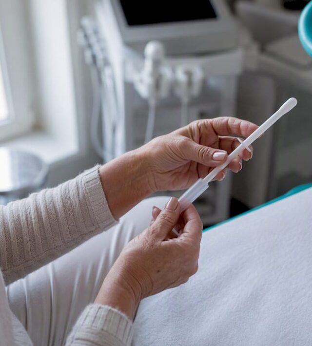 Mâinile unei femei țin un aplicator pentru tratament vaginal.