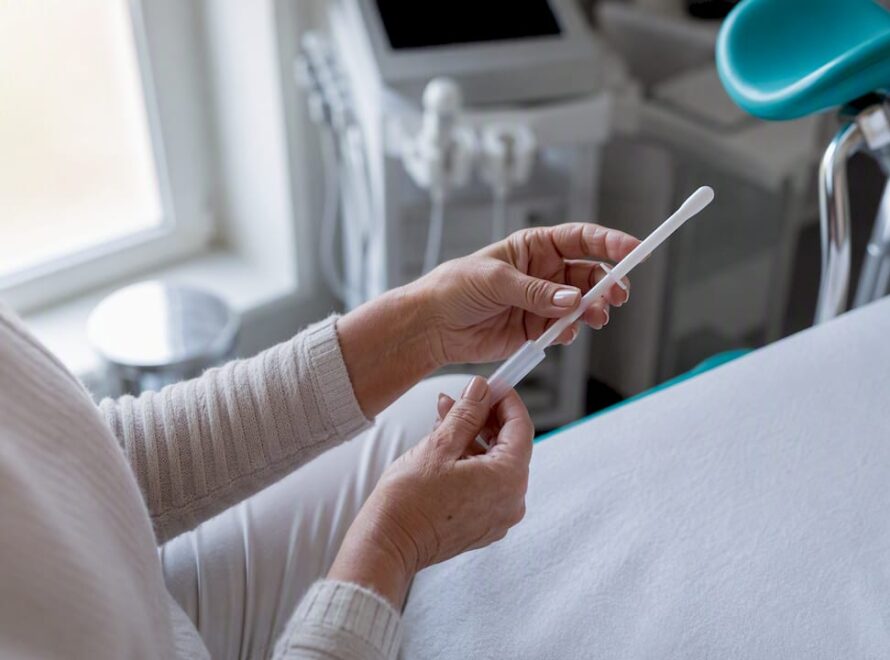 Mâinile unei femei țin un aplicator pentru tratament vaginal.