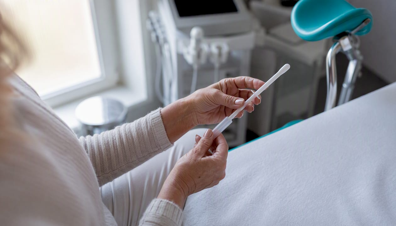 Mâinile unei femei țin un aplicator pentru tratament vaginal.