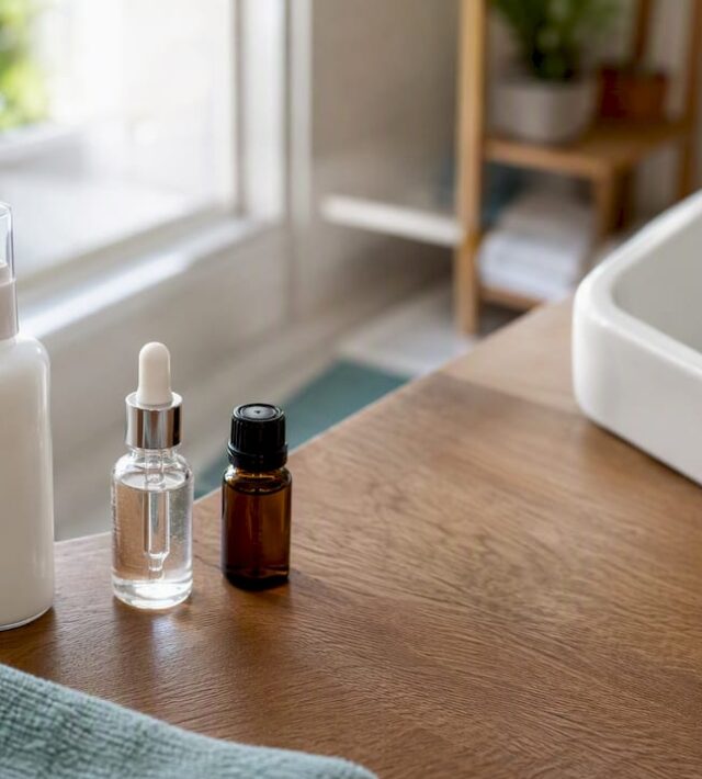 Produse de îngrijire a tenului așezate pe blatul din baie