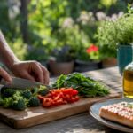 Mâini care taie legume proaspete pentru o masă prietenoasă cu ficatul