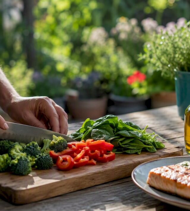 Mâini care taie legume proaspete pentru o masă prietenoasă cu ficatul