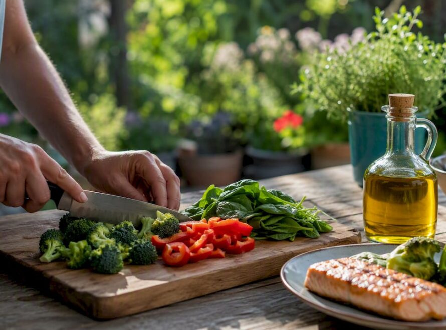 Mâini care taie legume proaspete pentru o masă prietenoasă cu ficatul