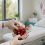 Medicul analizează atent un model anatomic al pelvisului, folosindu-și mâinile pentru a explica structura și funcțiile acestuia.