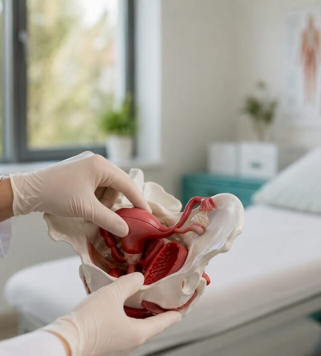 Medicul analizează atent un model anatomic al pelvisului, folosindu-și mâinile pentru a explica structura și funcțiile acestuia.