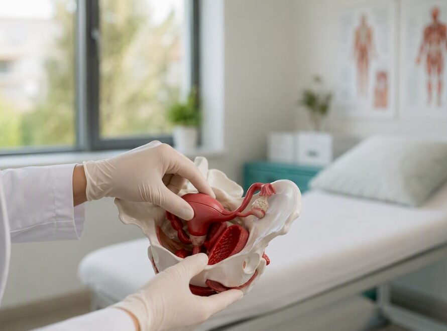 Medicul analizează atent un model anatomic al pelvisului, folosindu-și mâinile pentru a explica structura și funcțiile acestuia.