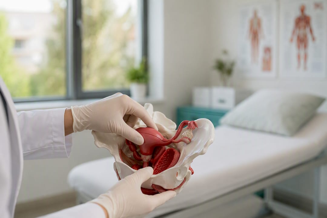 Medicul analizează atent un model anatomic al pelvisului, folosindu-și mâinile pentru a explica structura și funcțiile acestuia.