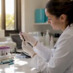 Mâini cu mănuși ținând un tub cu probă de sânge pentru testul tiroidian