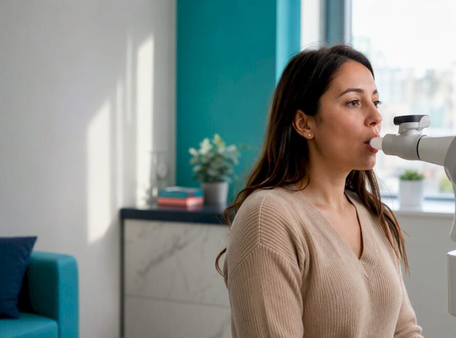 Pacientă care face un test de spirometrie