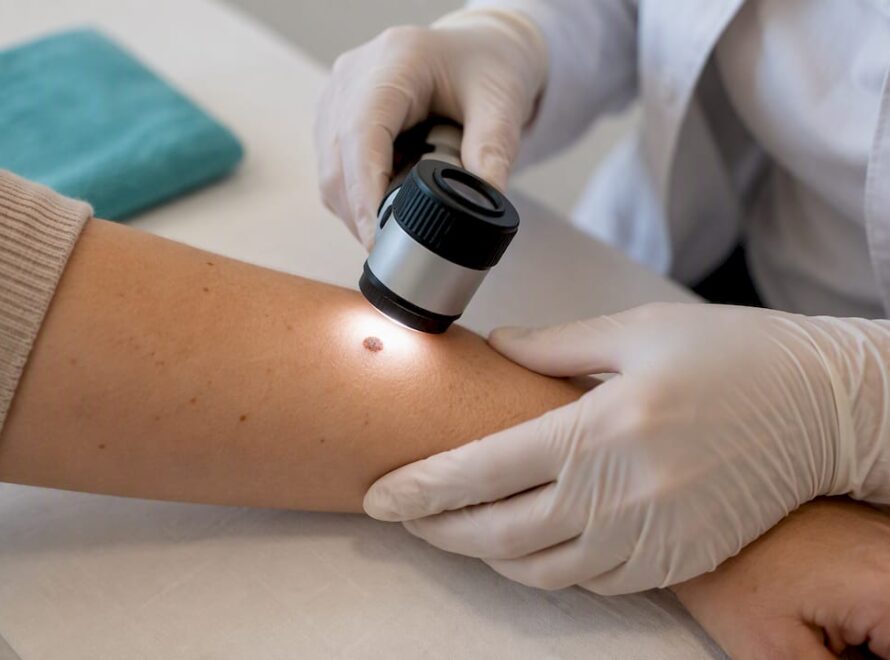 Dermatologul inspectează o aluniță cu dermatoscopul